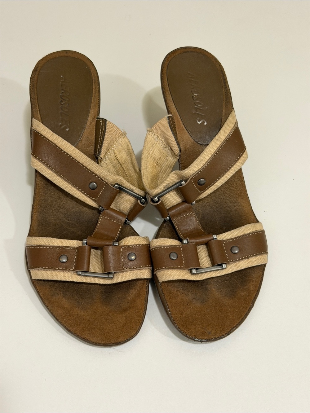 AEROSOLES Brown and Beige Leather Strap Slide Mules